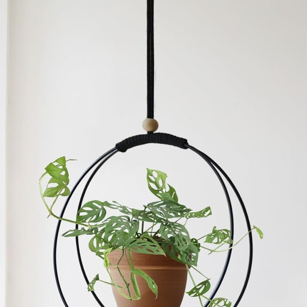Plant Hanger with Wood Base - Boho Macrame Hanging Plant Holder for Indoor Plant